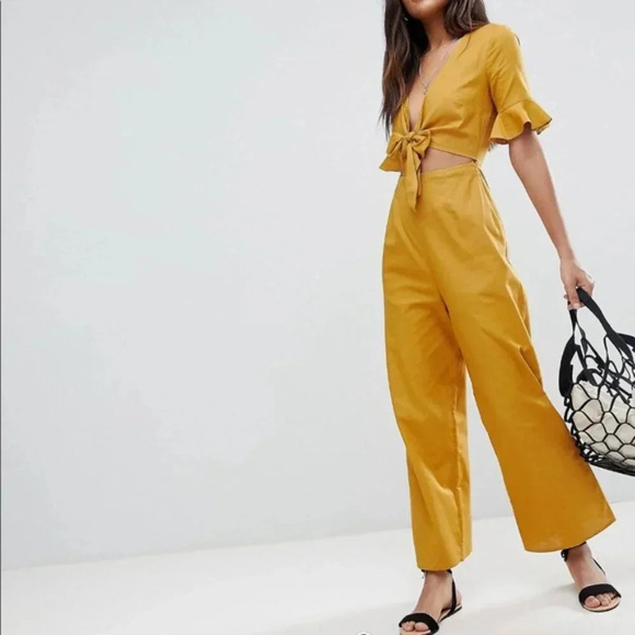 NWT ASOS || Jumpsuit Mustard Yellow Waist Tie Flutter Sleeve Wide Leg Sz 2 TALL - Picture 3 of 11